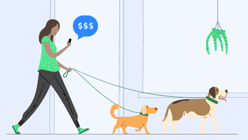 A person walking two dogs and getting a payment notification on their phone