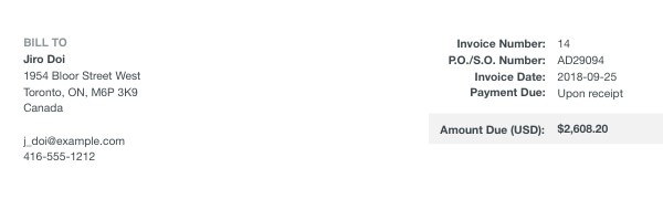 Part of an invoice - client information